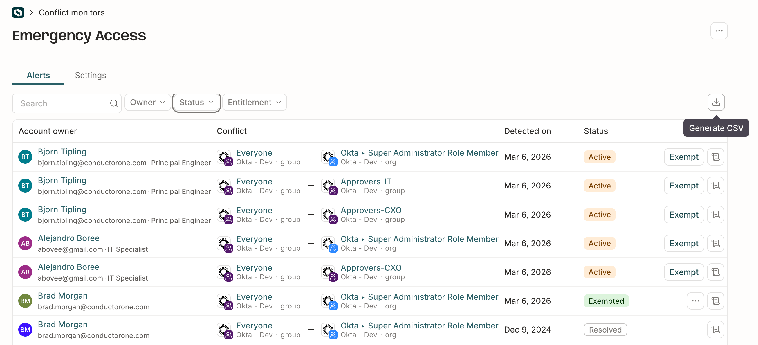 A report of a conflict monitor's alerts.