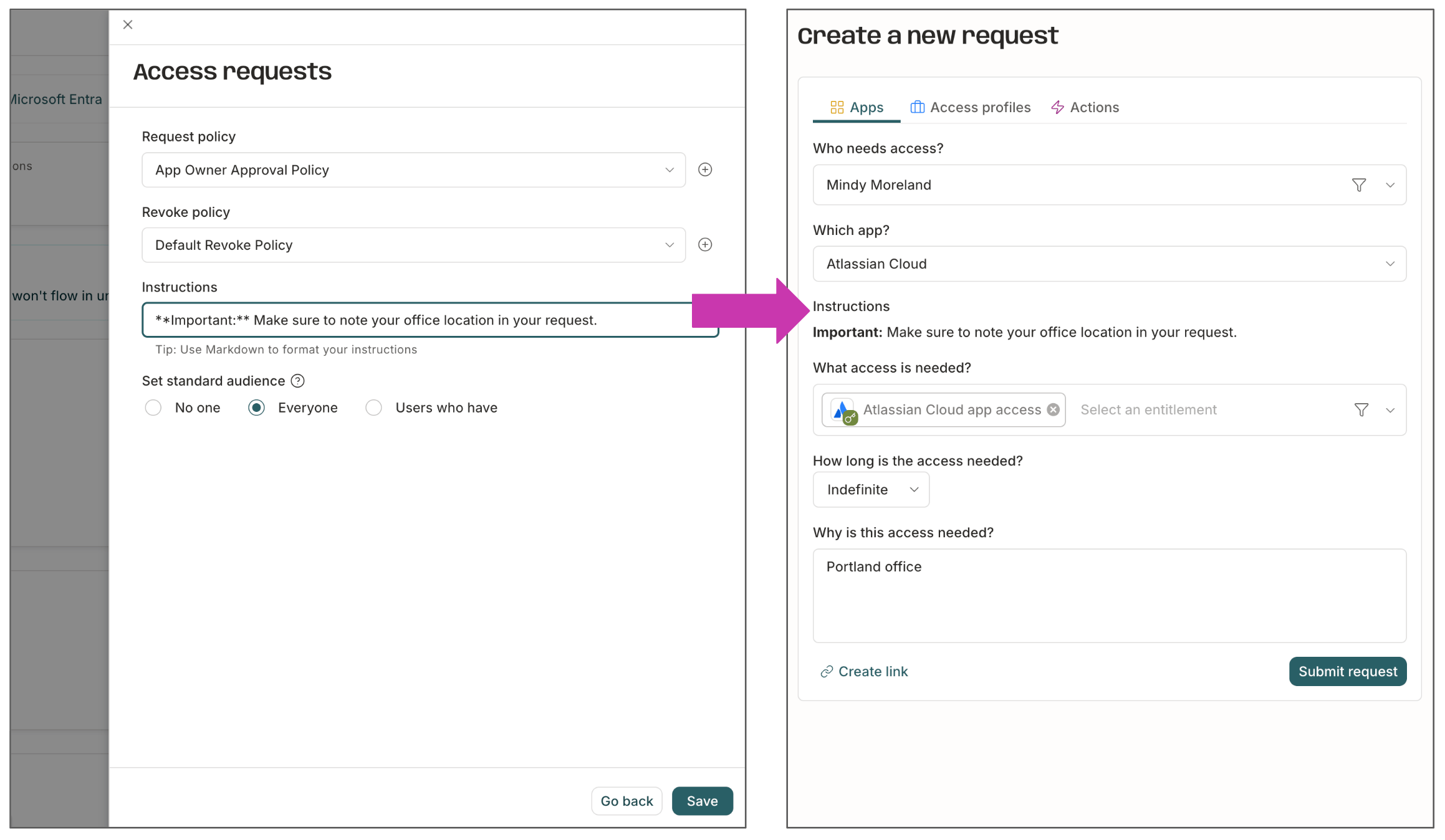 Two screenshots side by side, with the left one displaying the Instructions field on an app being filled out, and the right one showing those instructions on the New request form.