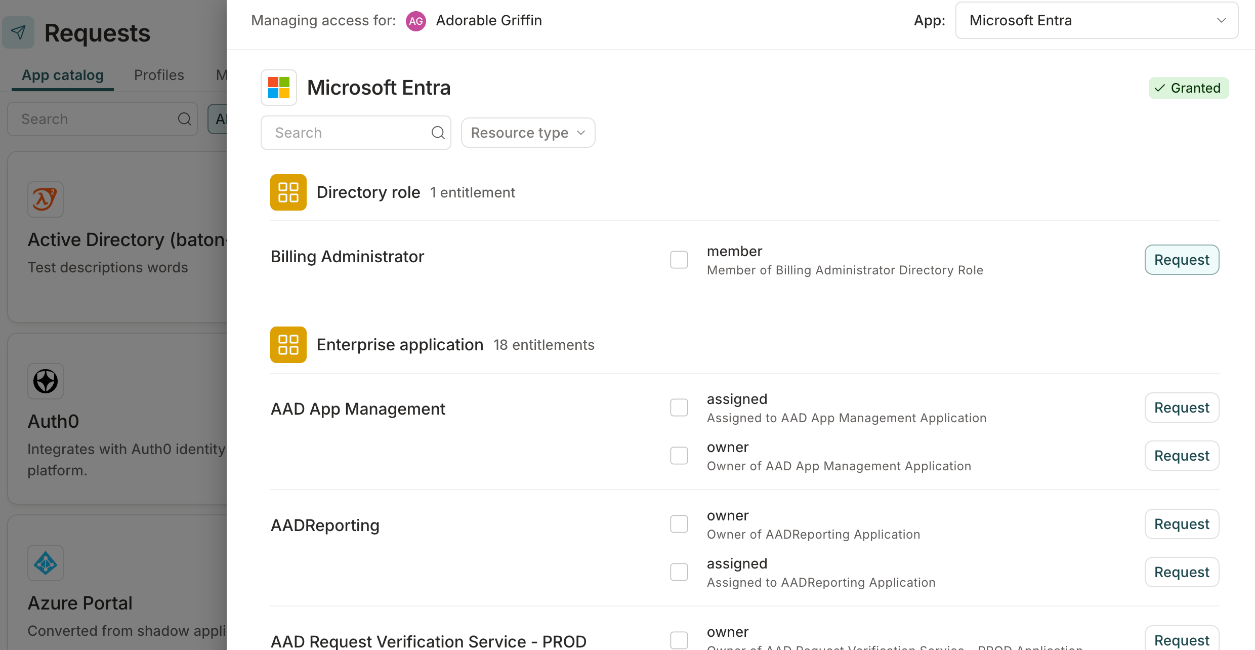 The app catalog tab page showing available entitlements with one entitlement selected.