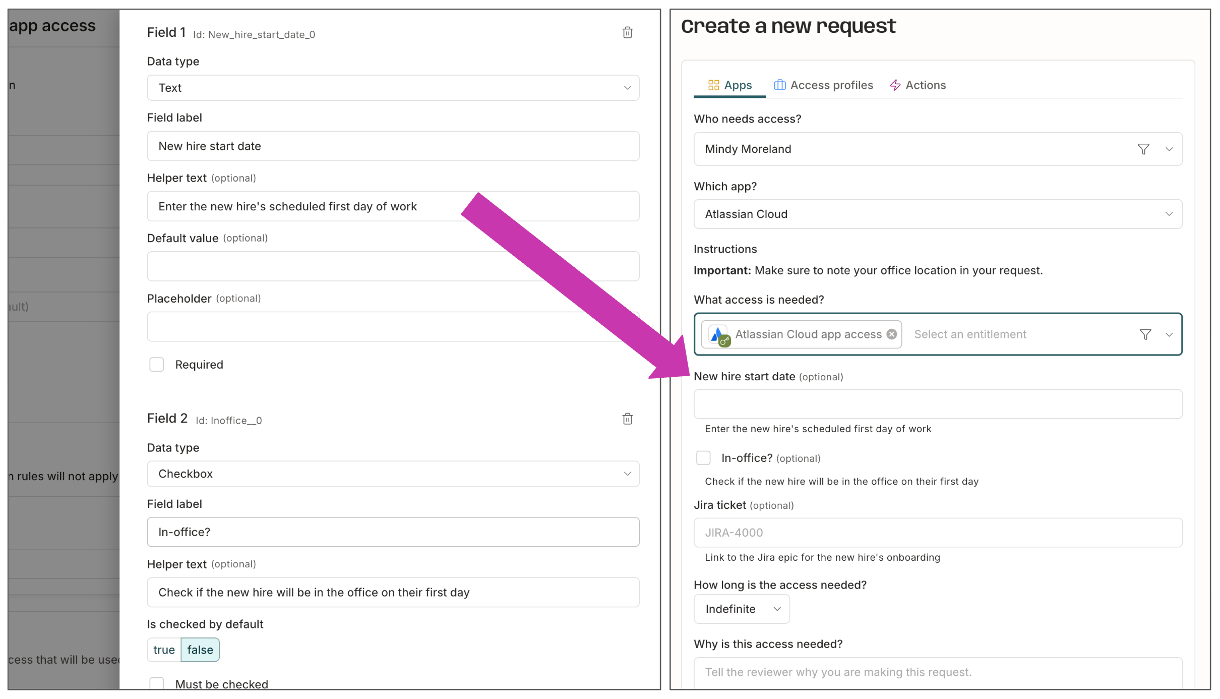 Two screenshots side by side, with the left one displaying the request form creation drawer, and the right one showing the request form on an access request.
