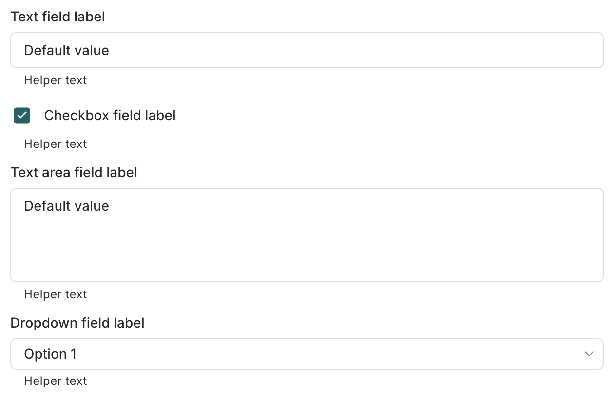 A screenshot showing a request modal on the Requests page with a request form showing the four field types. Each field element is labeled with its type: the text field's field label reads Text field label, the placeholder value is Placeholder, and so on.