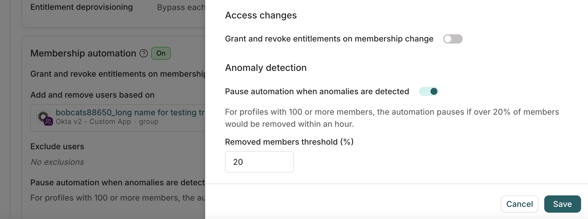 The Anomaly detection section of the membership automation edit drawer, showing the Pause automation when anomalies are detected toggle and the Removed members threshold (%) field set to 20.