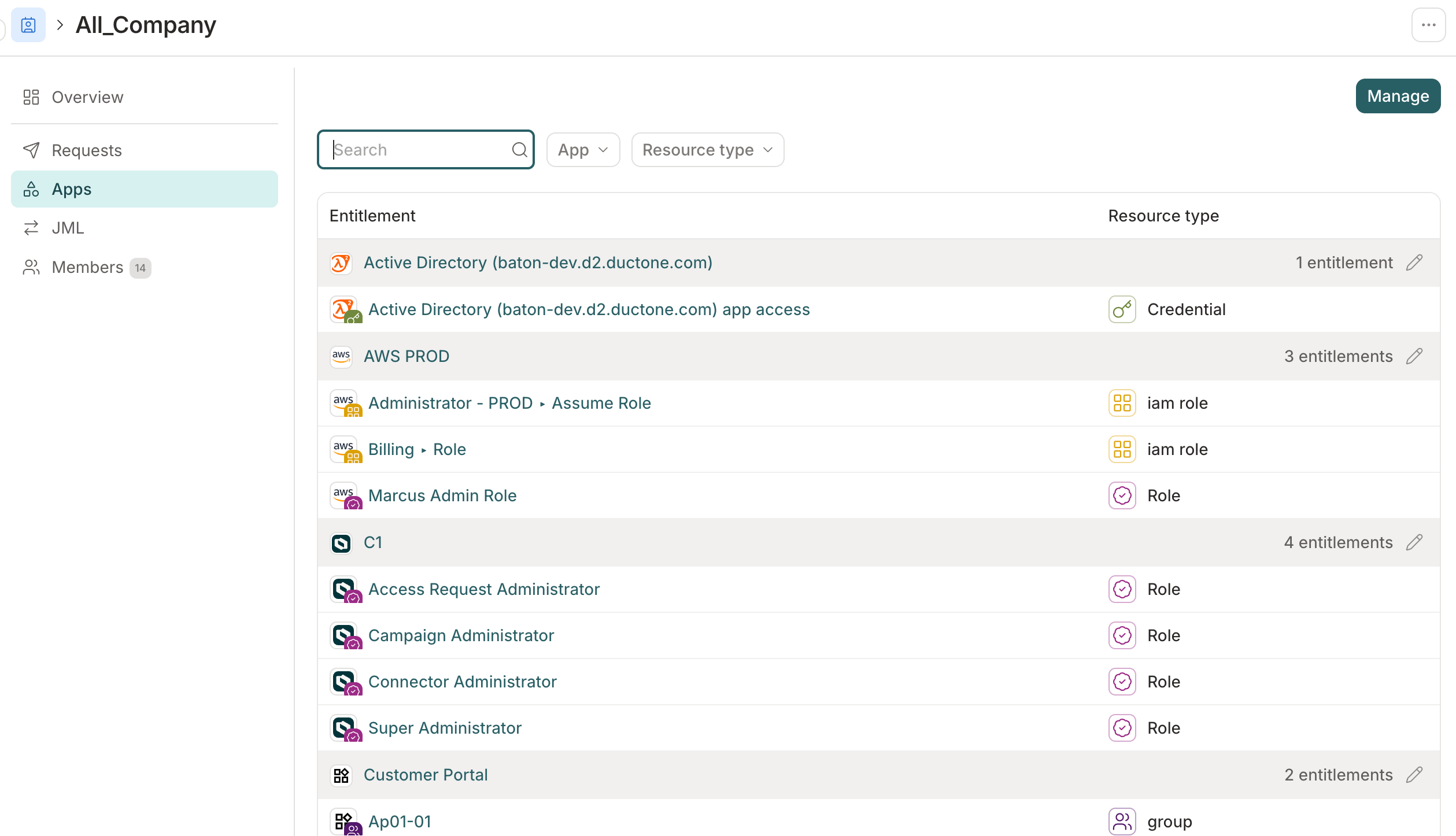 The Apps tab of an access profile showing entitlements grouped by app, with entitlement counts and pencil icons next to each app name.