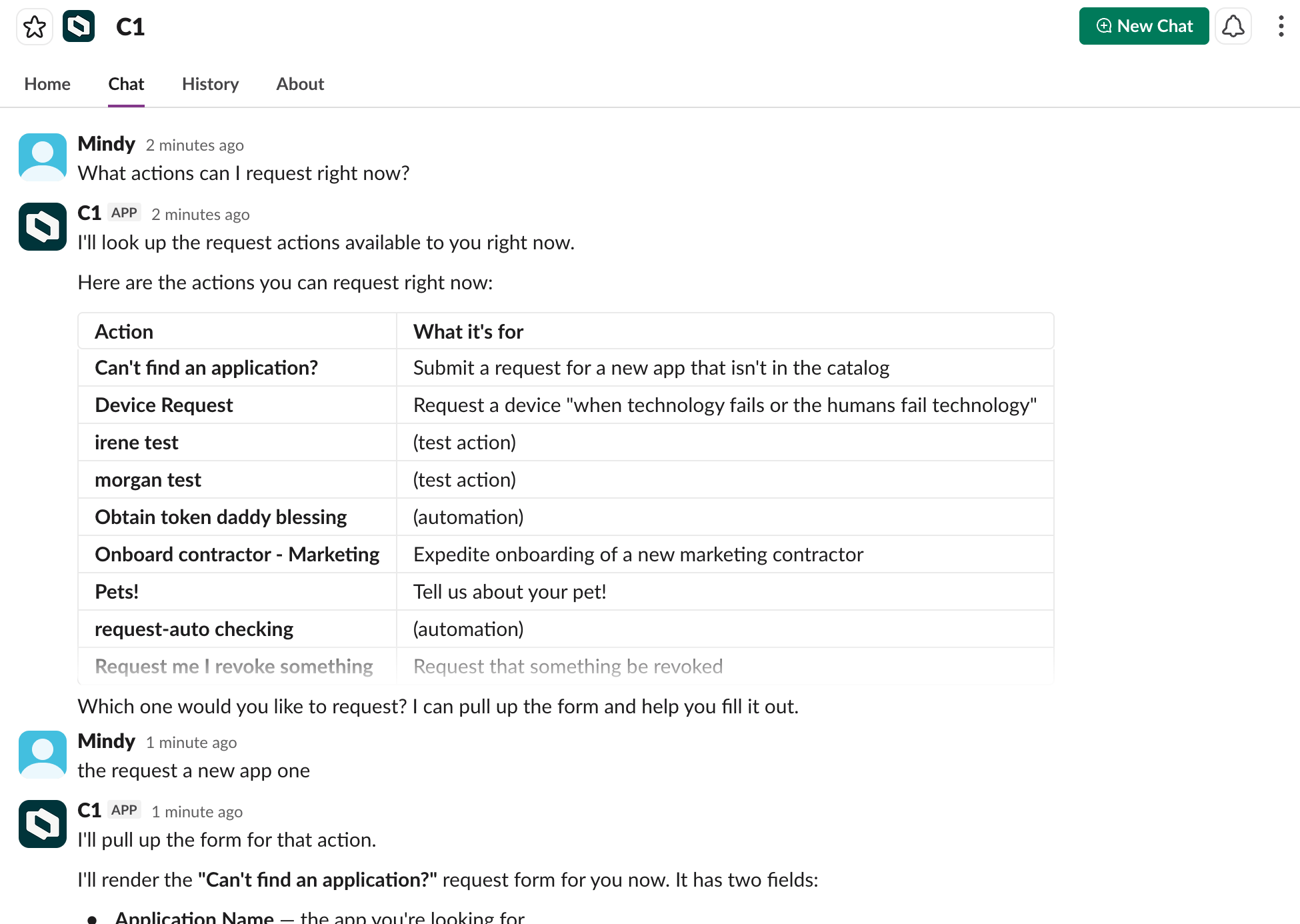 The C1 assistant responding to 'What actions can I request right now?' with a table listing available actions and their descriptions.
