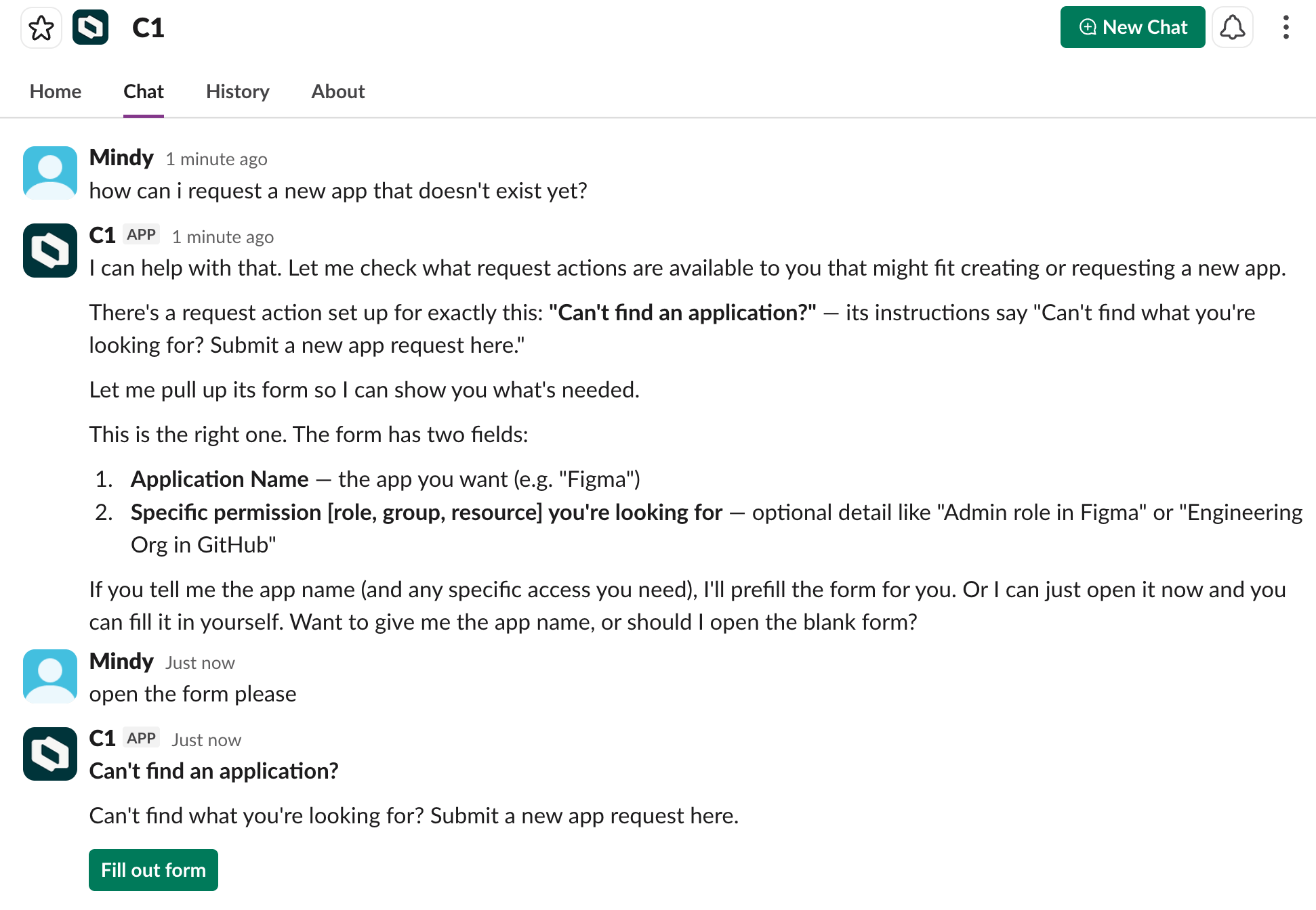The C1 app for Slack showing the assistant surfacing a request action form with a Fill out form button.