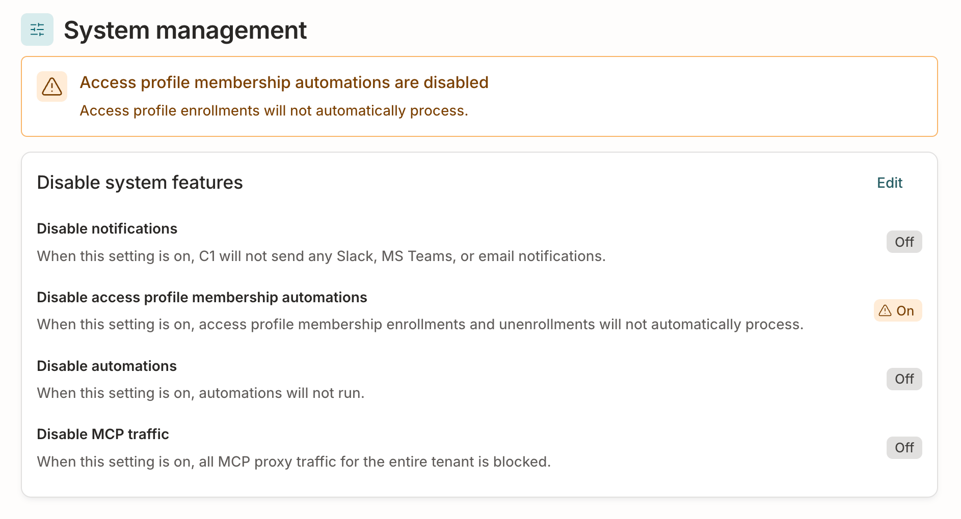 A screenshot showing C1 with a banner stating that access profile membership automations are disabled.