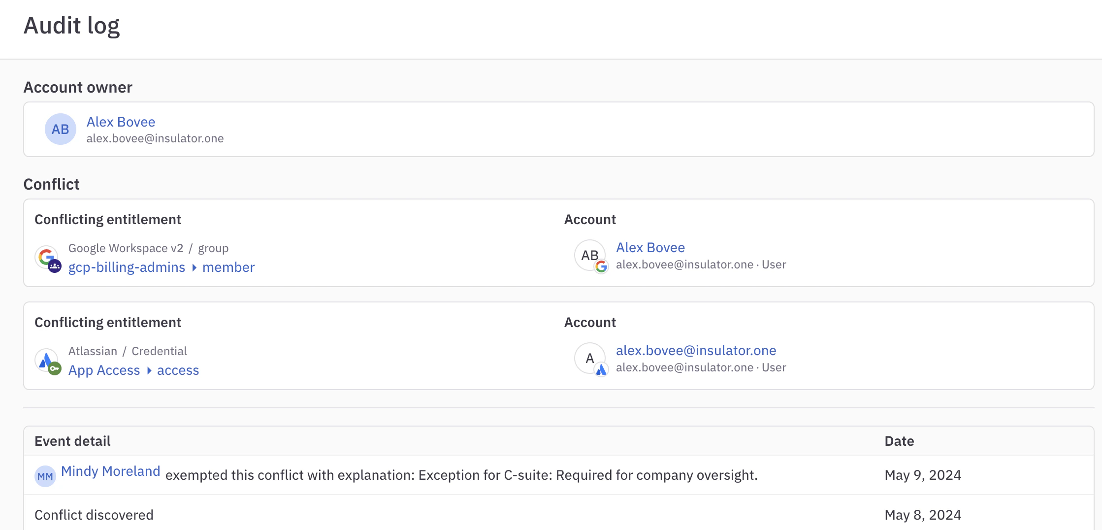 An audit log for a conflict monitor alert.