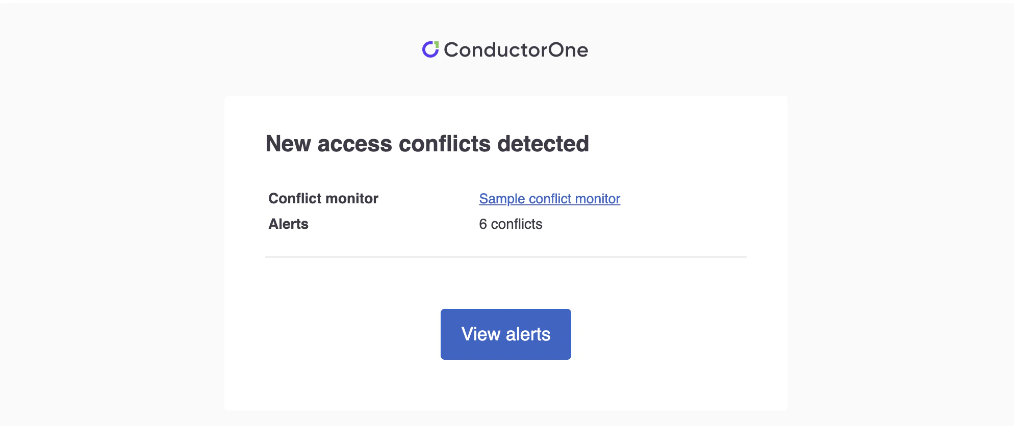 An email notification from C1 about a new access conflict alert.