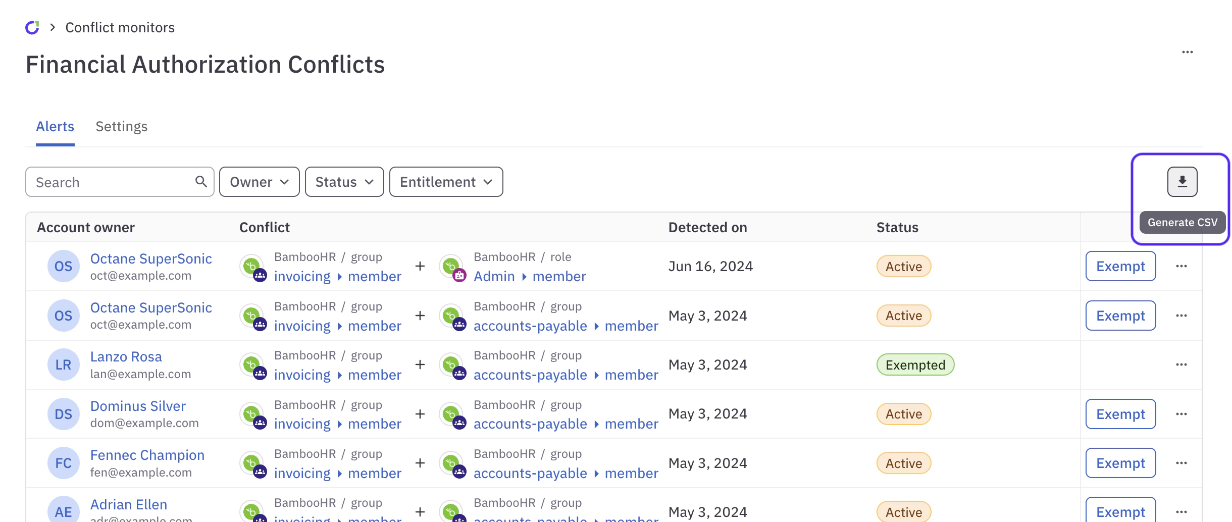 A report of a conflict monitor's alerts.