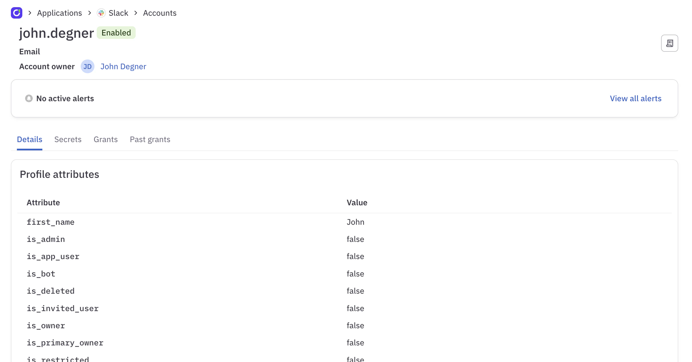 A screenshot of a Slack application account's details page in C1.