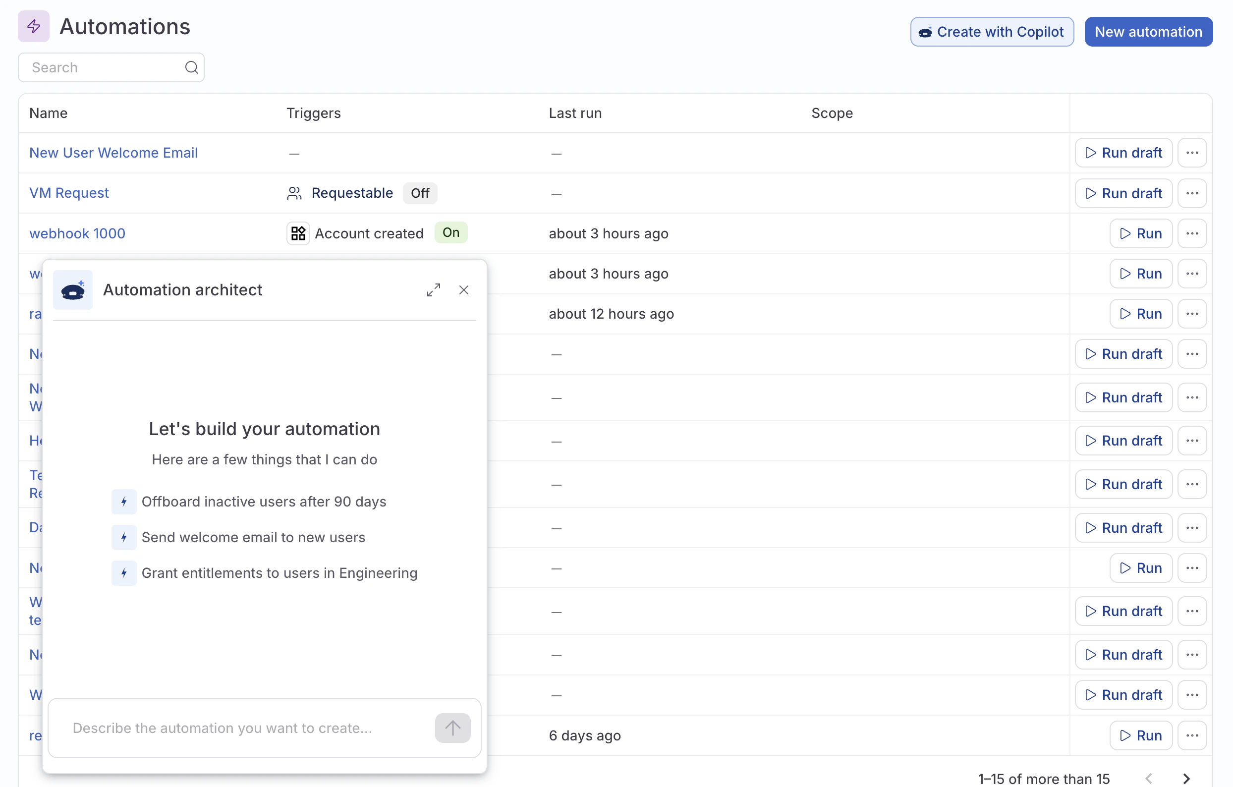 The Automations page showing the Create with Copilot button highlighted and the Automation Architect panel open.