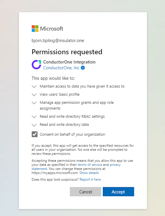 Detail view of the C1 Integration app, with the Permissions button highlighted.