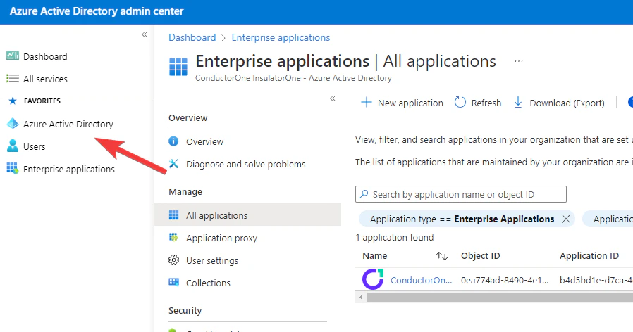Detail view of the Enterprise Applications page, with the C1 Integration app highlighted.