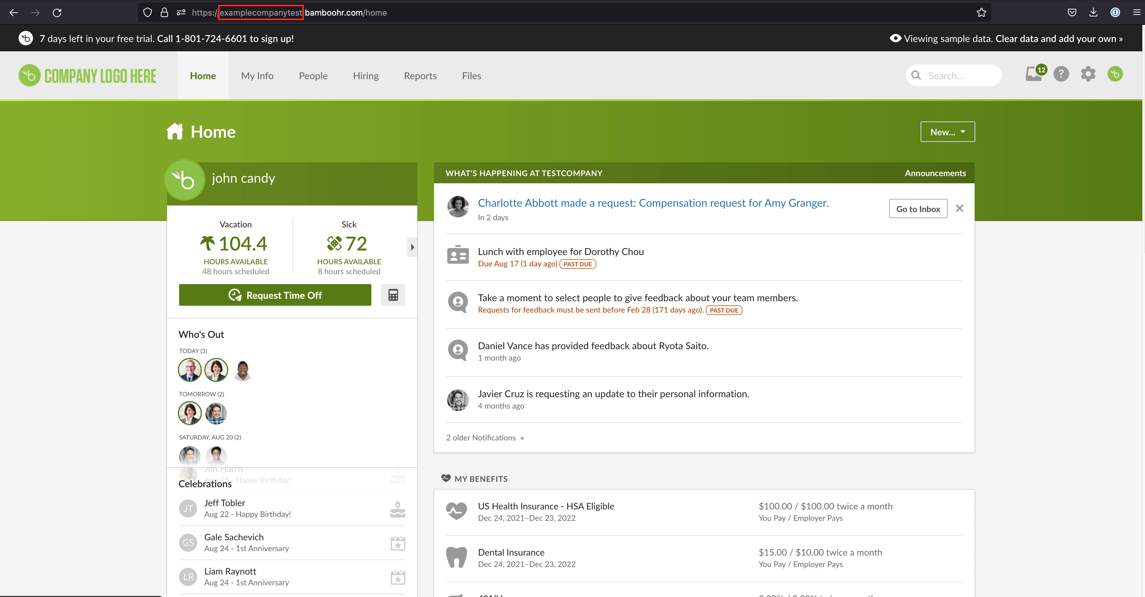 Detail view of the BambooHR administrator account, with the company domain highlighted.