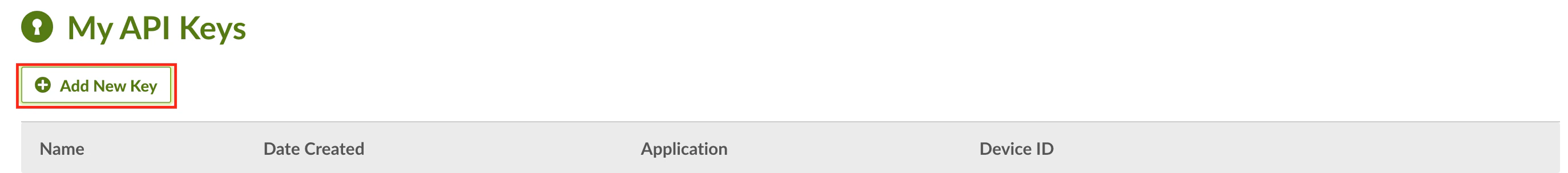Detail view of the BambooHR API Keys page, with the Add New Key button highlighted.