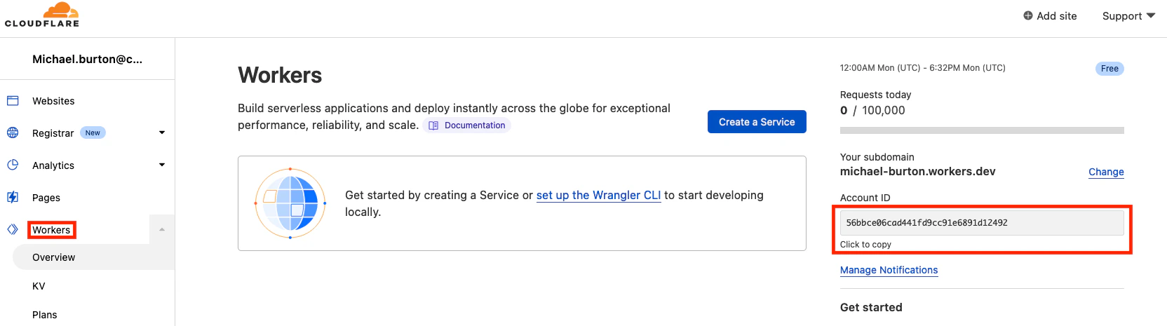 Detail view of the Cloudflare Workers page, with the Account ID highlighted.