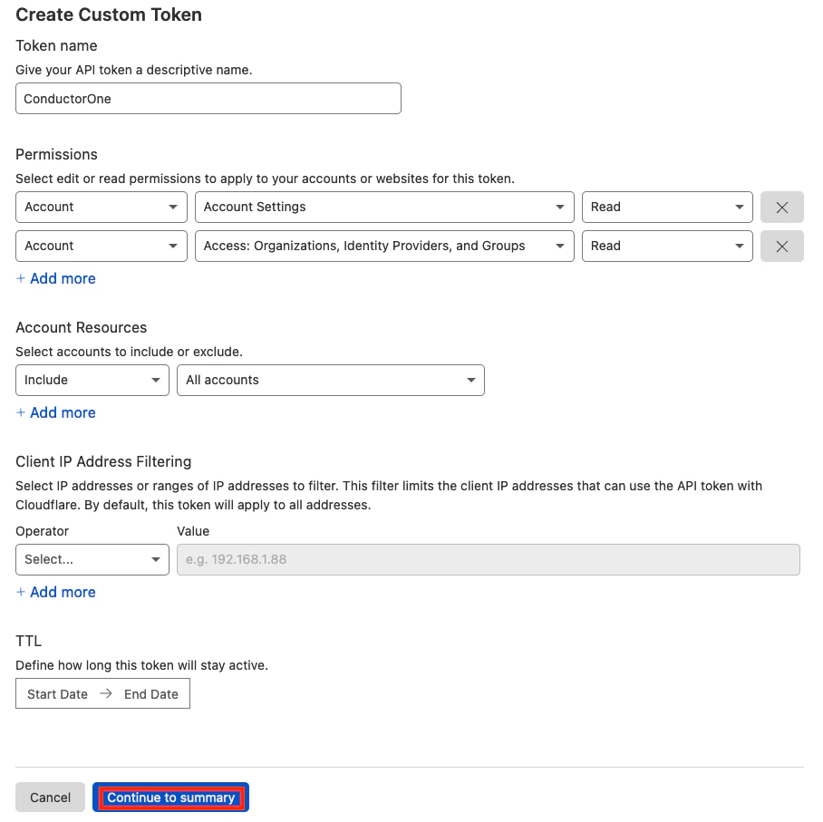 Detail view of the Cloudflare Create Custom Token page, with the Continue to summary button highlighted.