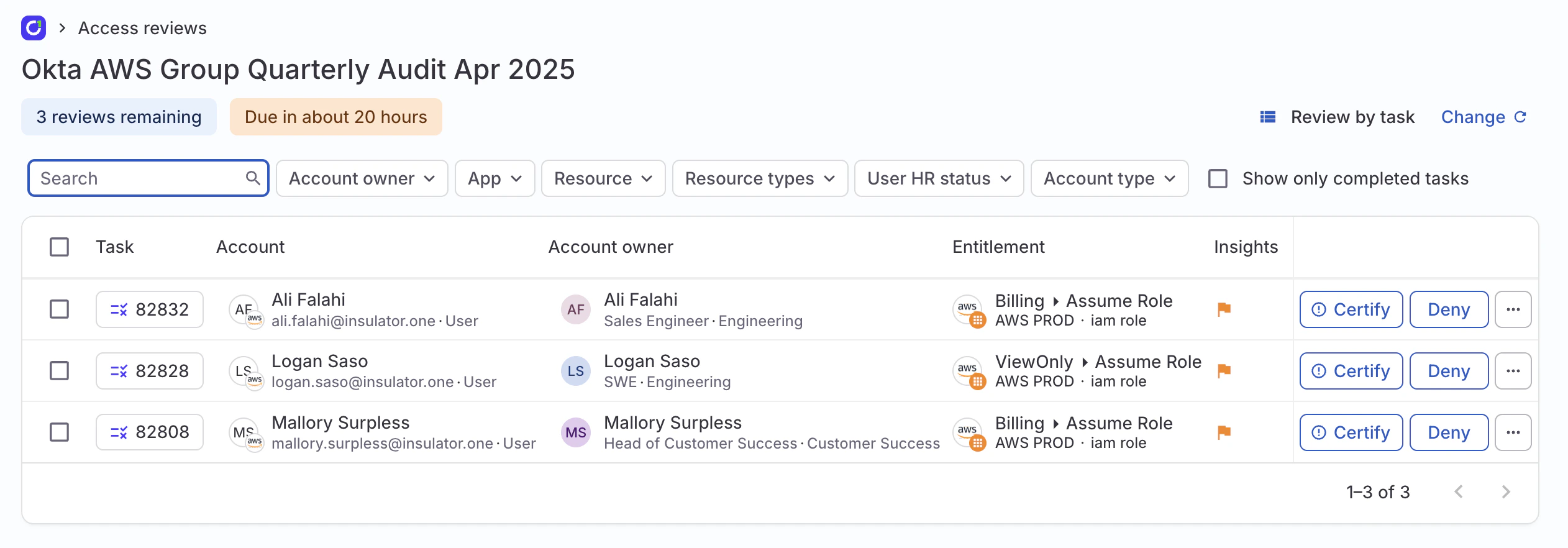 A list of campaign review tasks showing flags in the Insights column.
