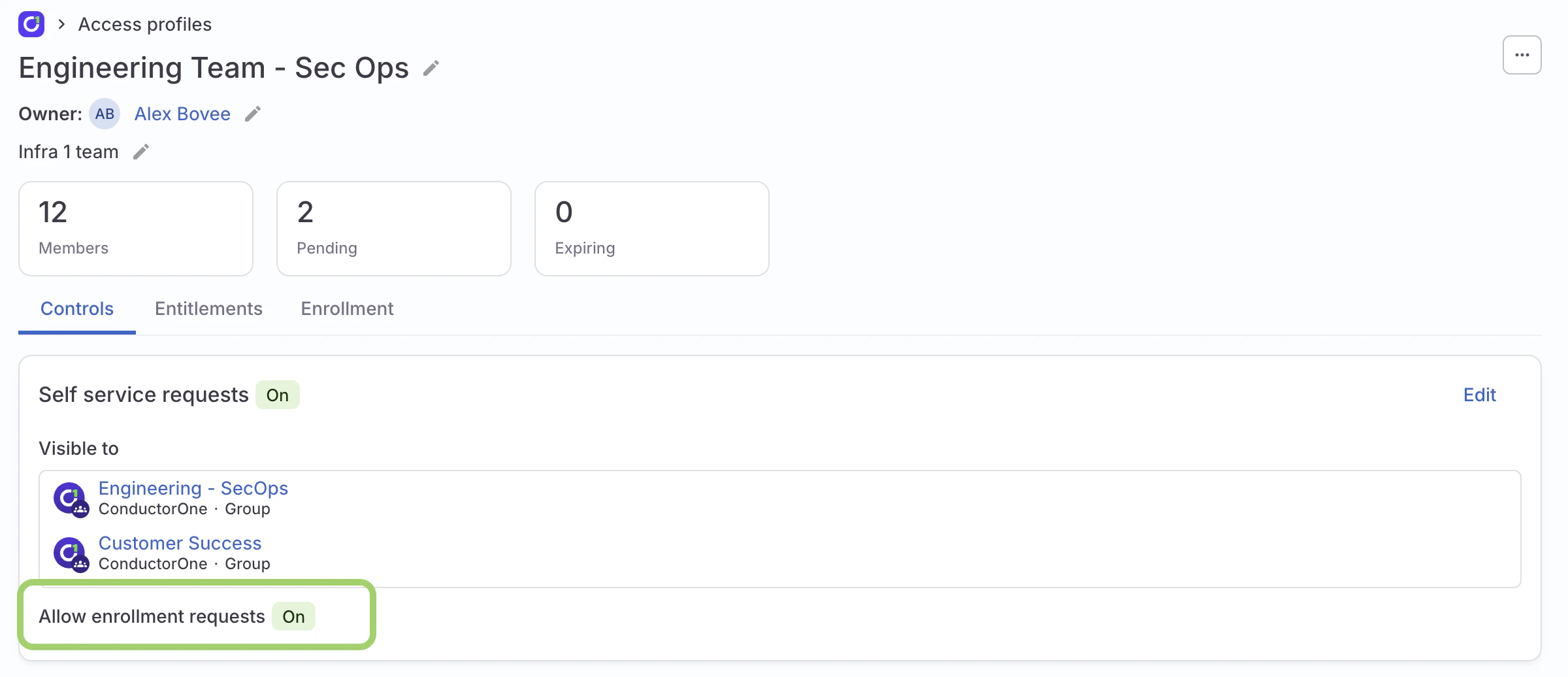 The top section of an access profile's Controls tab with a green box highlighting the placement of the Allow enrollment requests indicator.