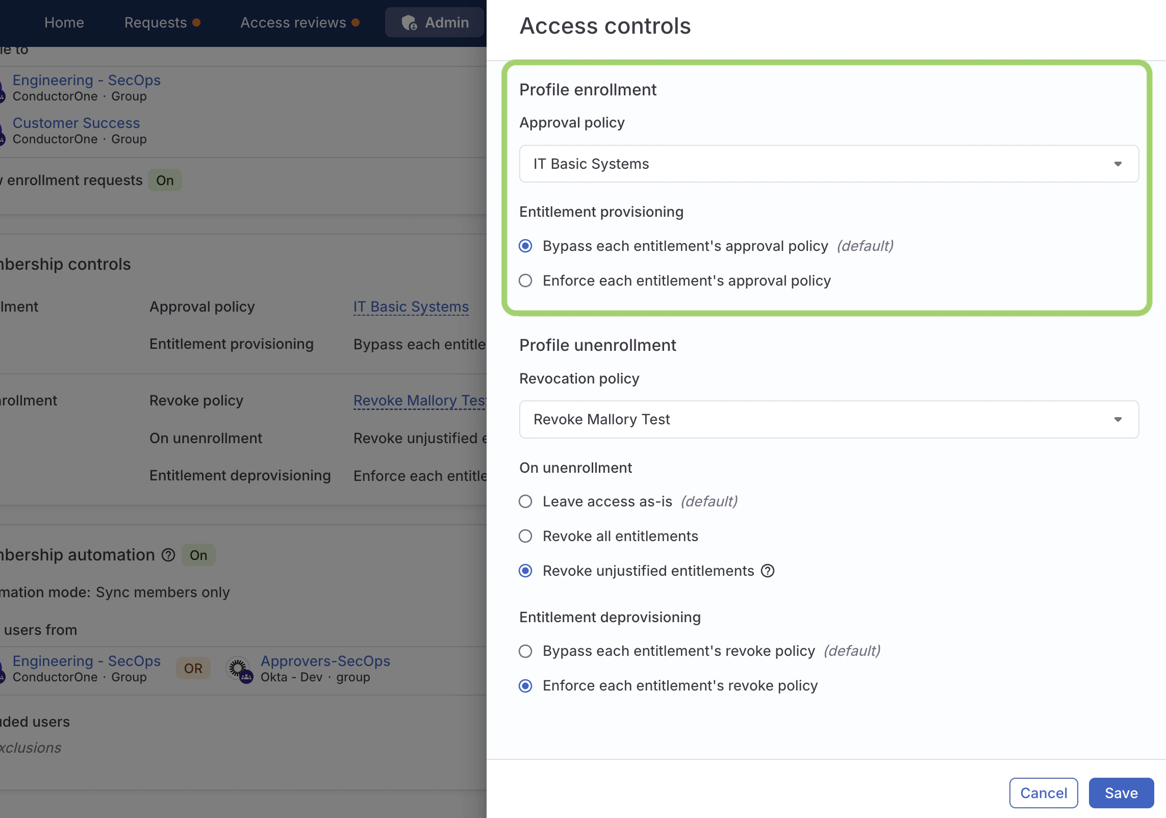 The membership controls configuration drawer with a green box highlighting the profile enrollment controls.