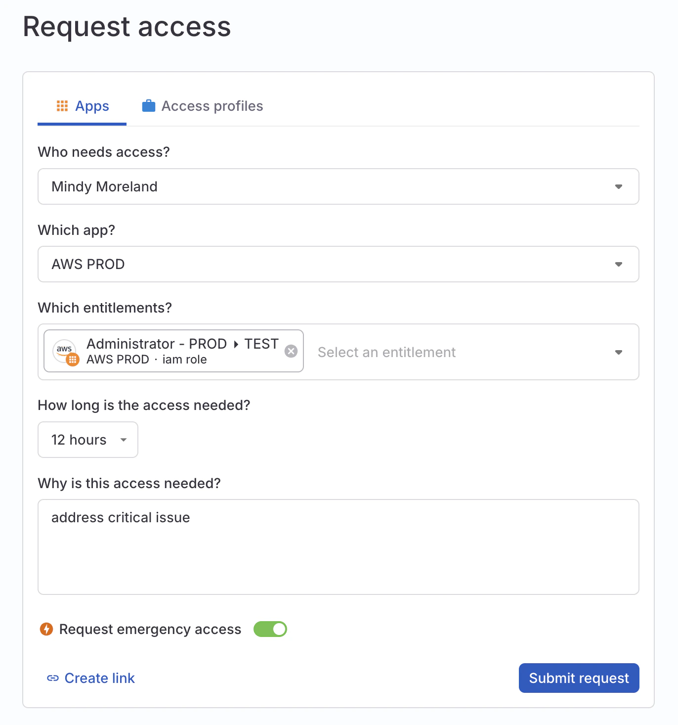 A completed request access form in C1 for 1 hour of access to an AWS admin role, showing the emergency access toggle present and enabled.