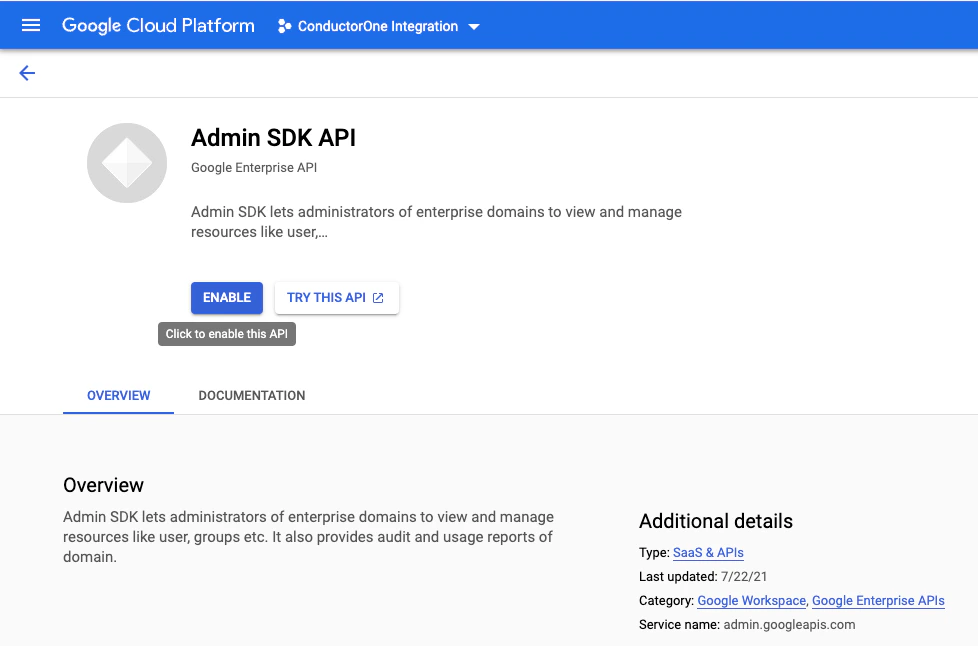 The Enable button on an API page in the Google Cloud Console
