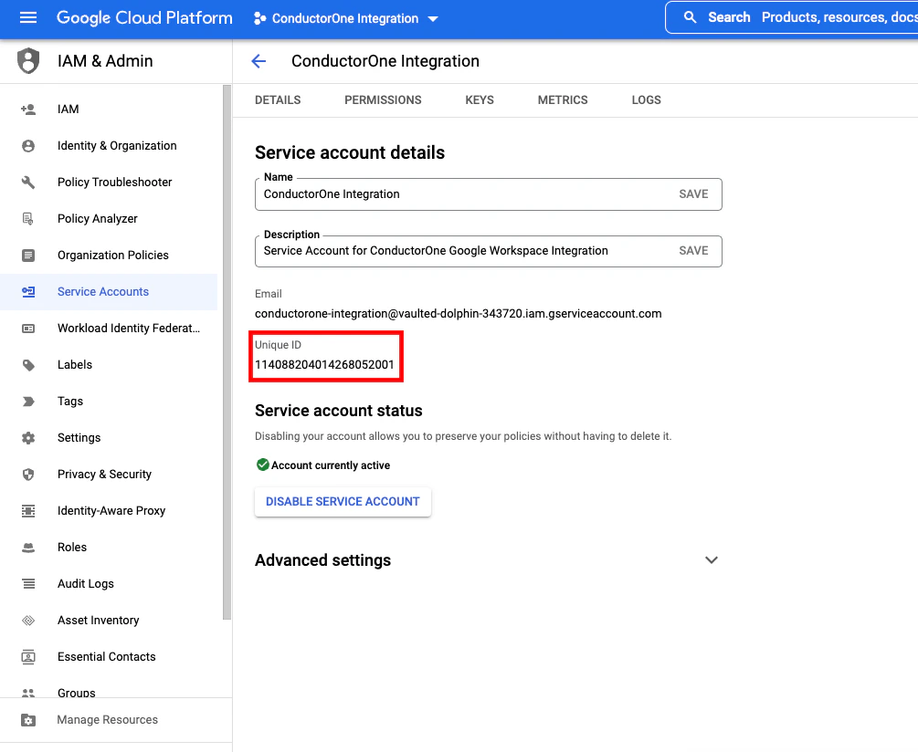 The service account details page showing the Unique ID field