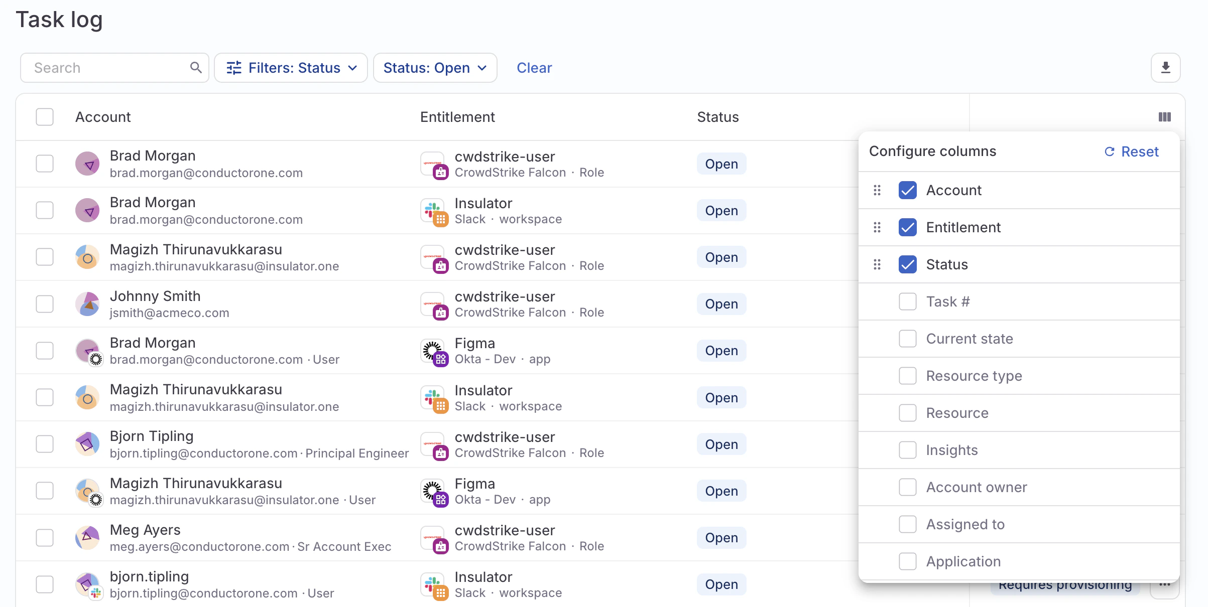 A screenshot of the Task log page with the column personalization dropdown open and three columns selected.