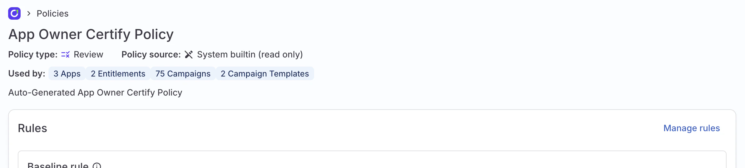 A screenshot of the top of a policy details page, showing that the policy is applied to 3 apps, 2 entitlements, 75 campaigns, and 2 campaign templates.