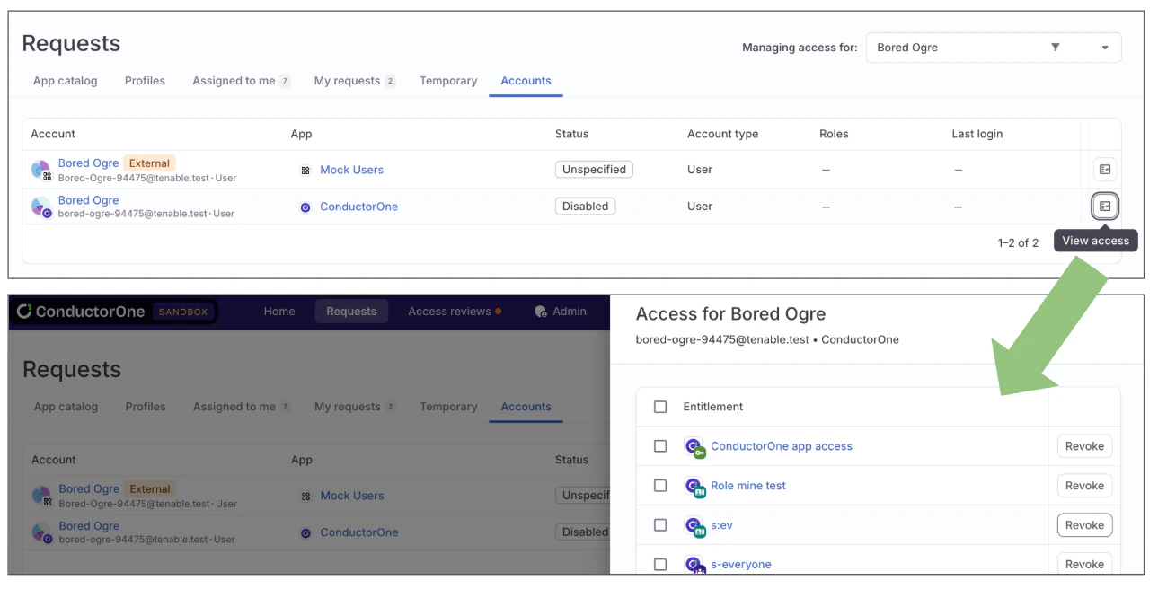 A screenshot of the Accounts tab on a Requests end user page, highlighting the View accounts button and then showing the account details drawer with Revoke buttons emphasized.
