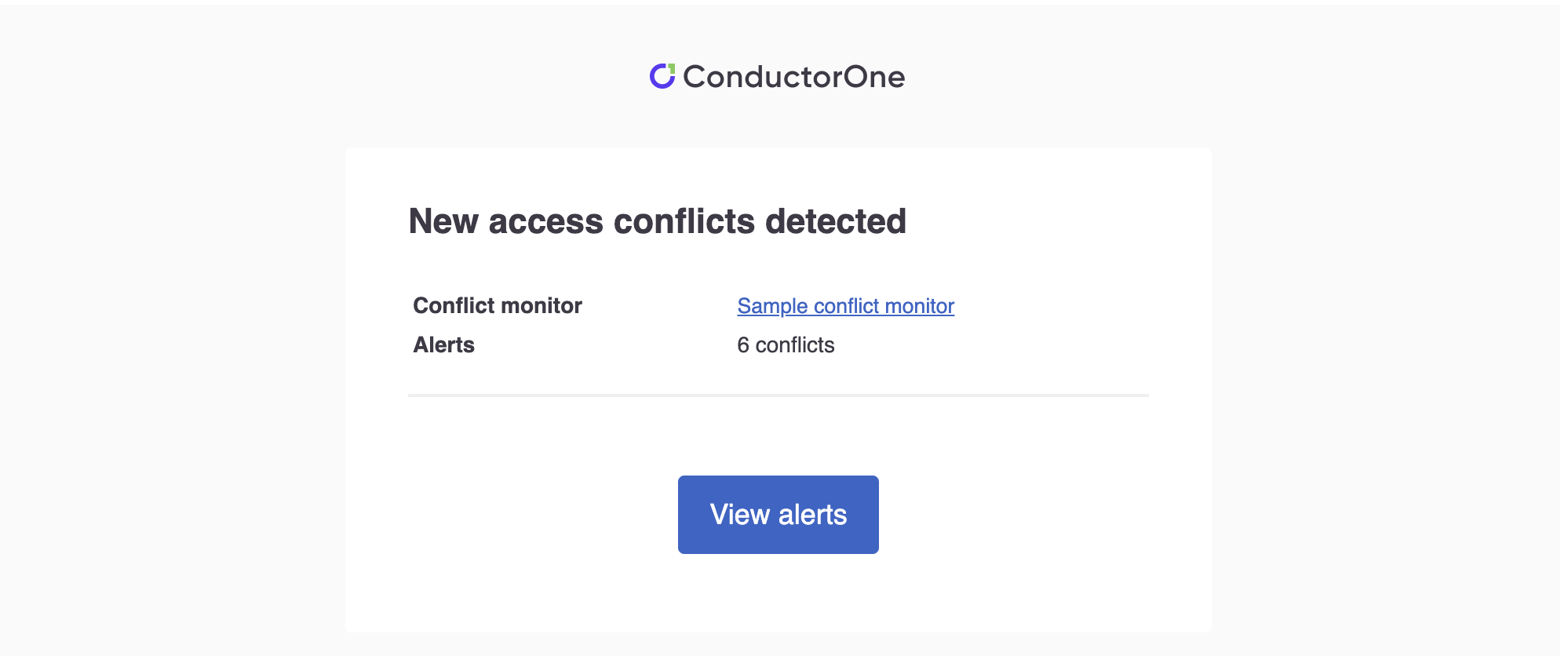 An email notification from ConductorOne about a new access conflict alert.