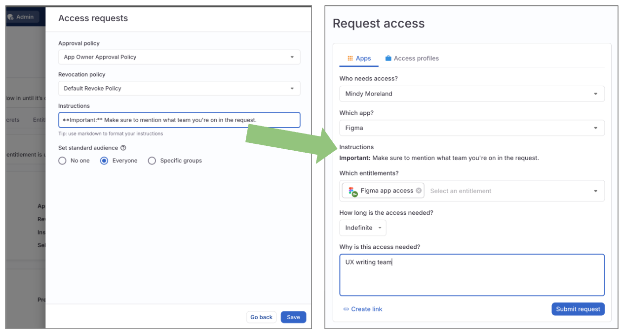 Two screenshots side by side, with the left one displaying the Instructions field on an app being filled out, and the right one showing those instructions on the Request access form.