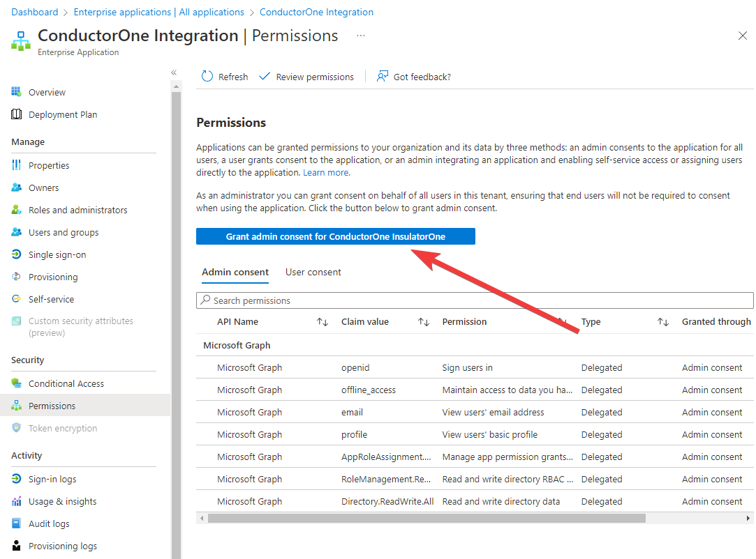 Detail view of the ConductorOne Integration app, with the Grant admin consent for button highlighted.