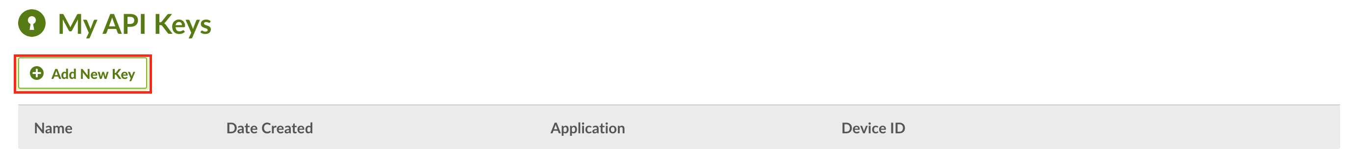 Detail view of the BambooHR API Keys page, with the Add New Key button highlighted.