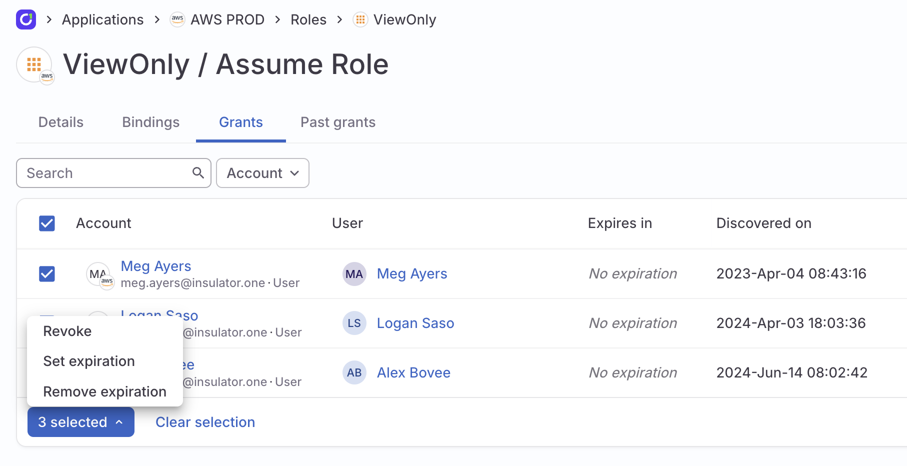 Grants tab showing the bulk actions panel open to display new expiration options.