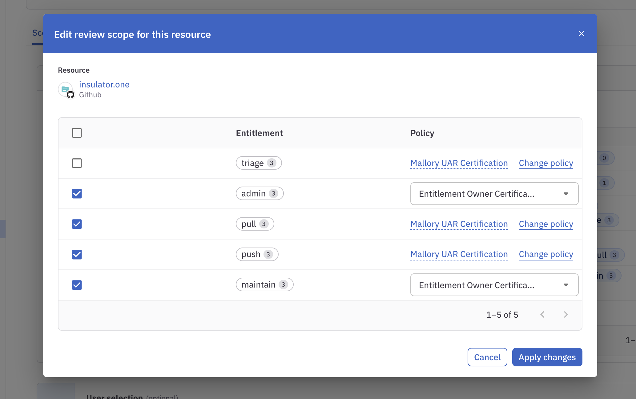 A screenshot of the Scope tab of a campaign in ConductorOne, showing the Edit scope button and the Apply changes button.