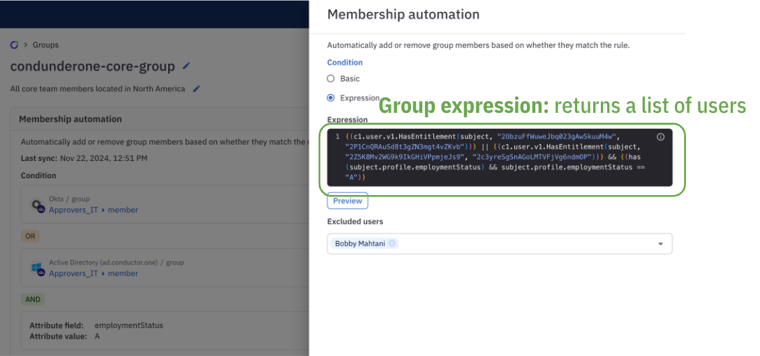 A group's details view, showing the group expressions.