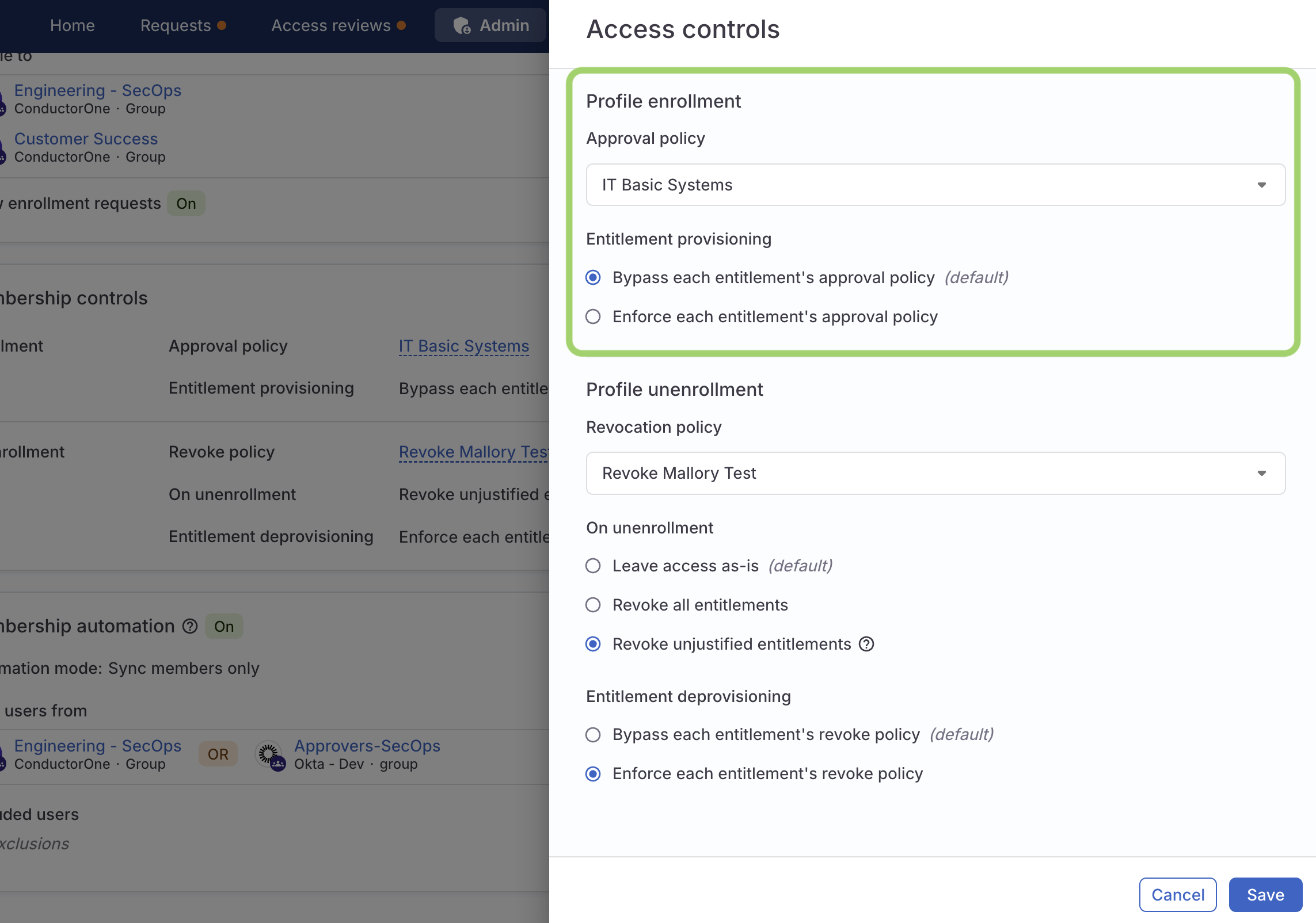 The membership controls configuration drawer with a green box highlighting the profile enrollment controls.