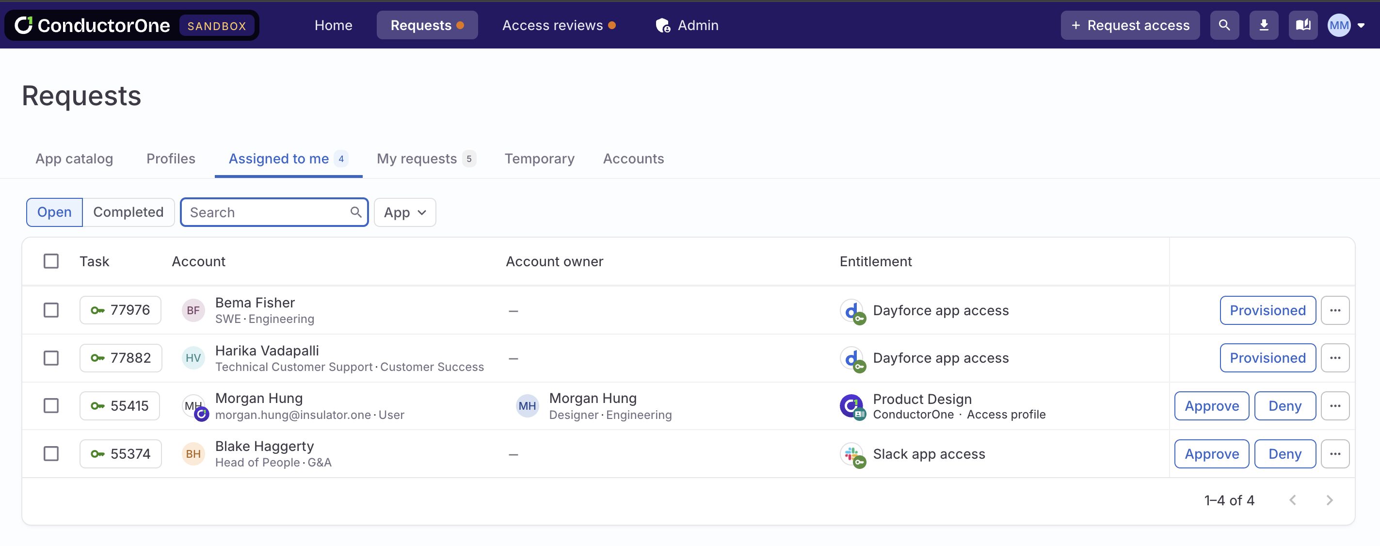 The end user Requests page showing the Assigned to me tab with four tasks.