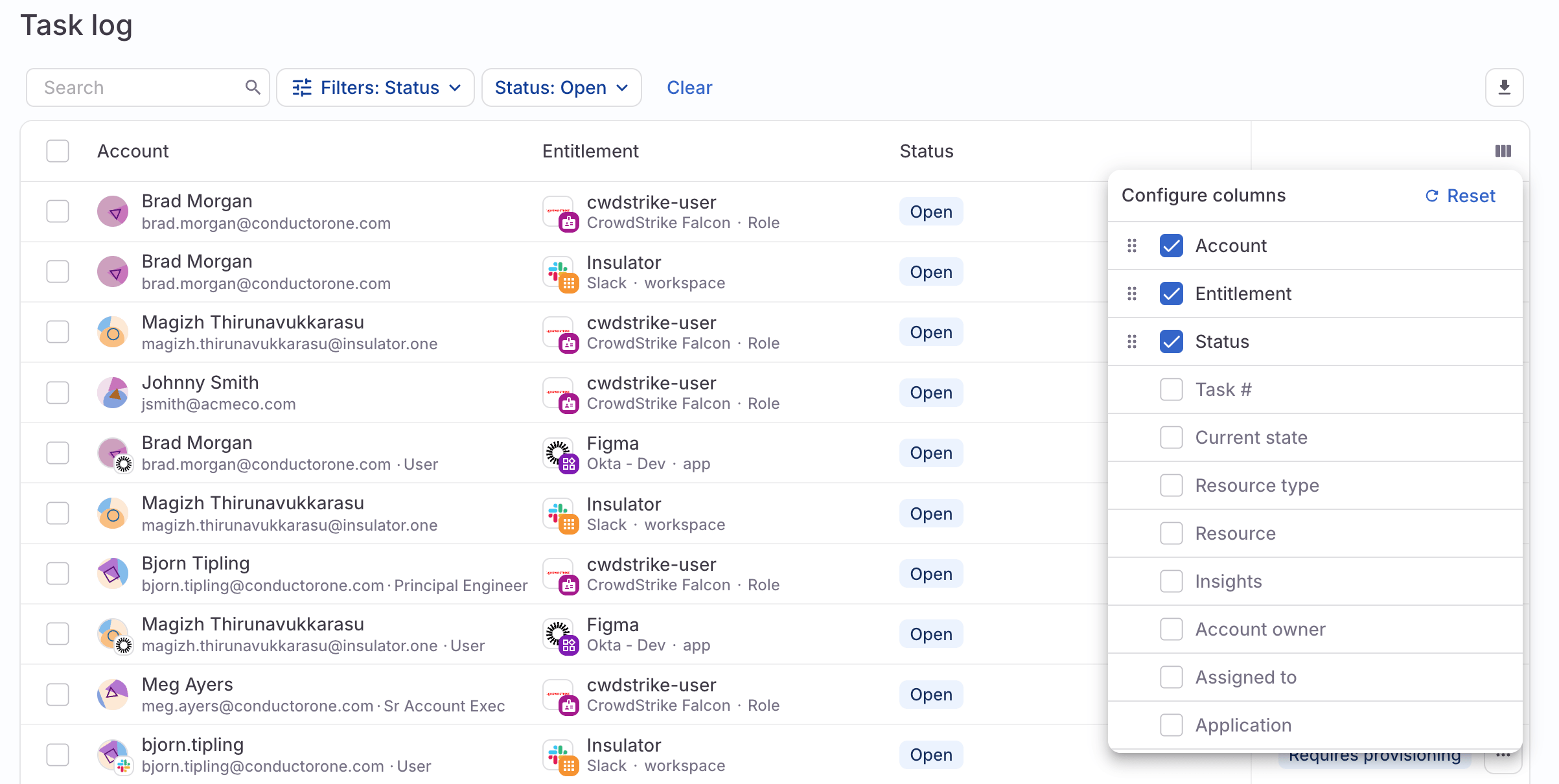 A screenshot of the Task log page with the column personalization dropdown open and three columns selected.