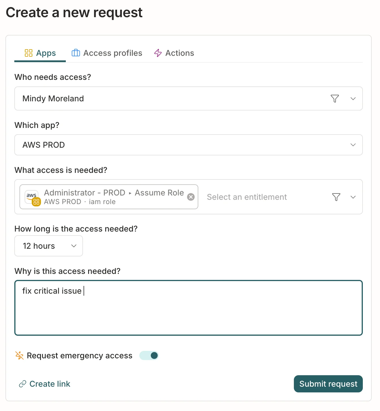 A completed request access form in C1 for 1 hour of access to an AWS admin role, showing the emergency access toggle present and enabled.