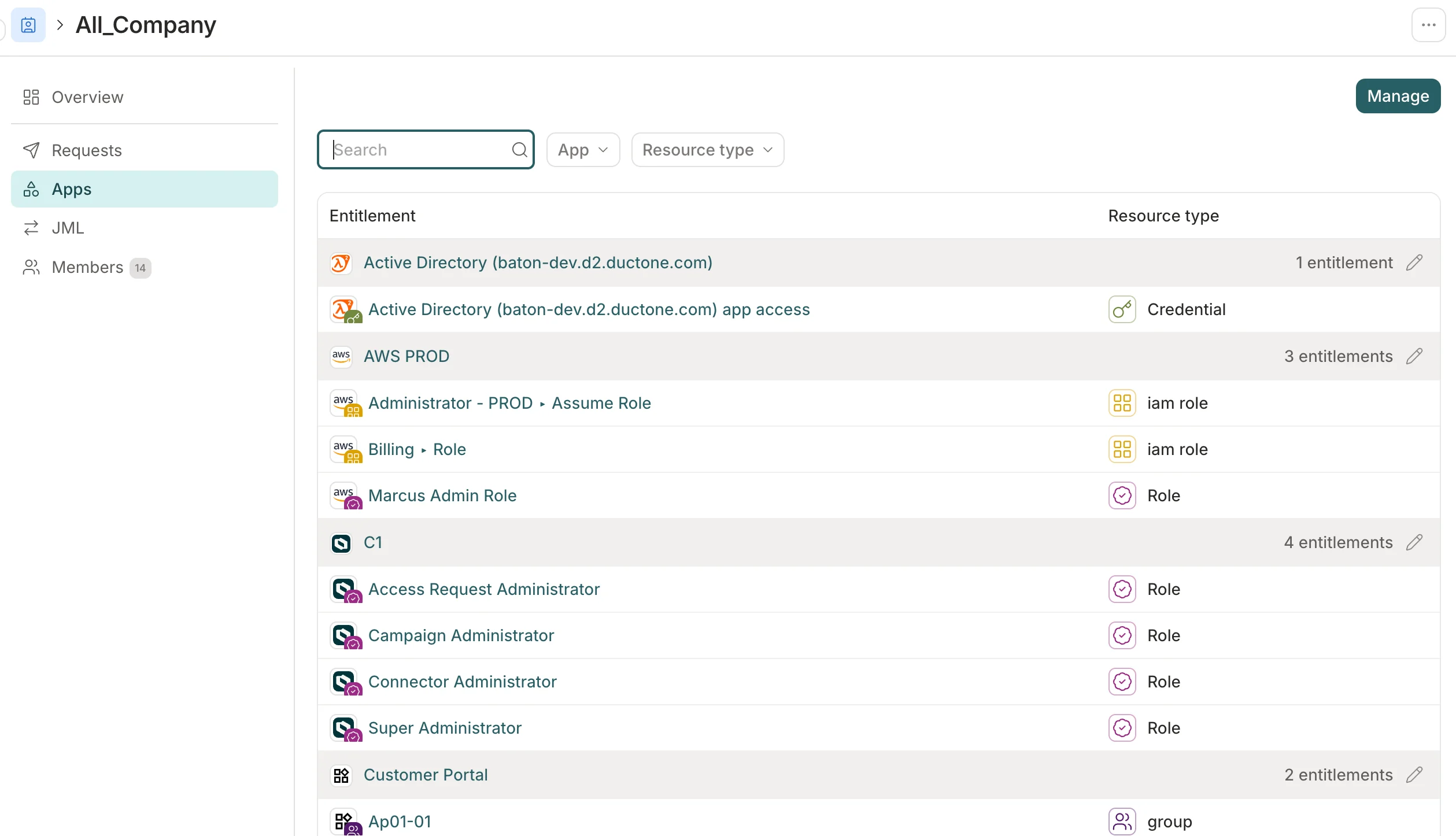 The Apps tab of an access profile showing entitlements grouped by app, with entitlement counts and pencil icons next to each app name.
