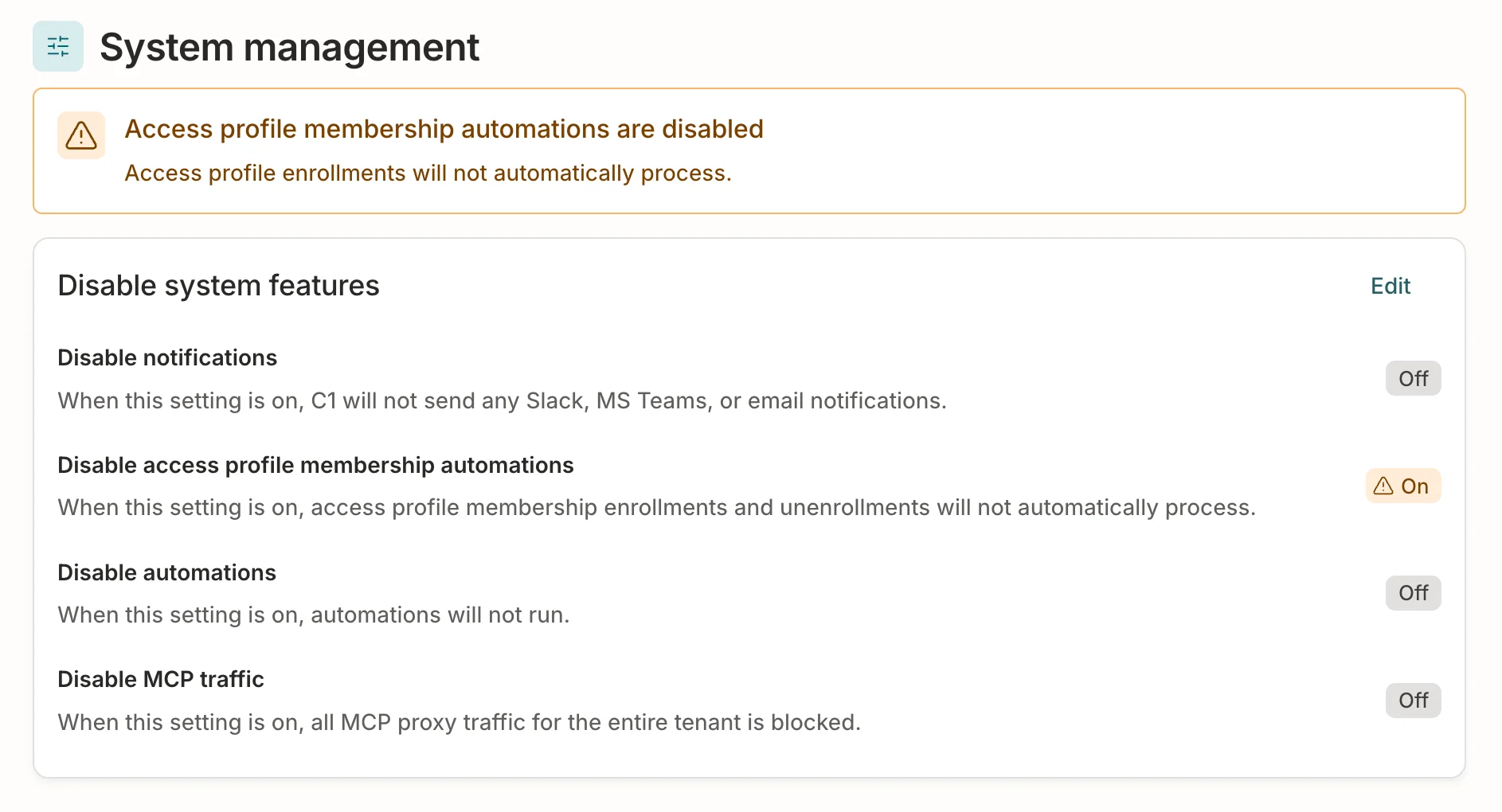 A screenshot showing C1 with a banner stating that access profile membership automations are disabled.