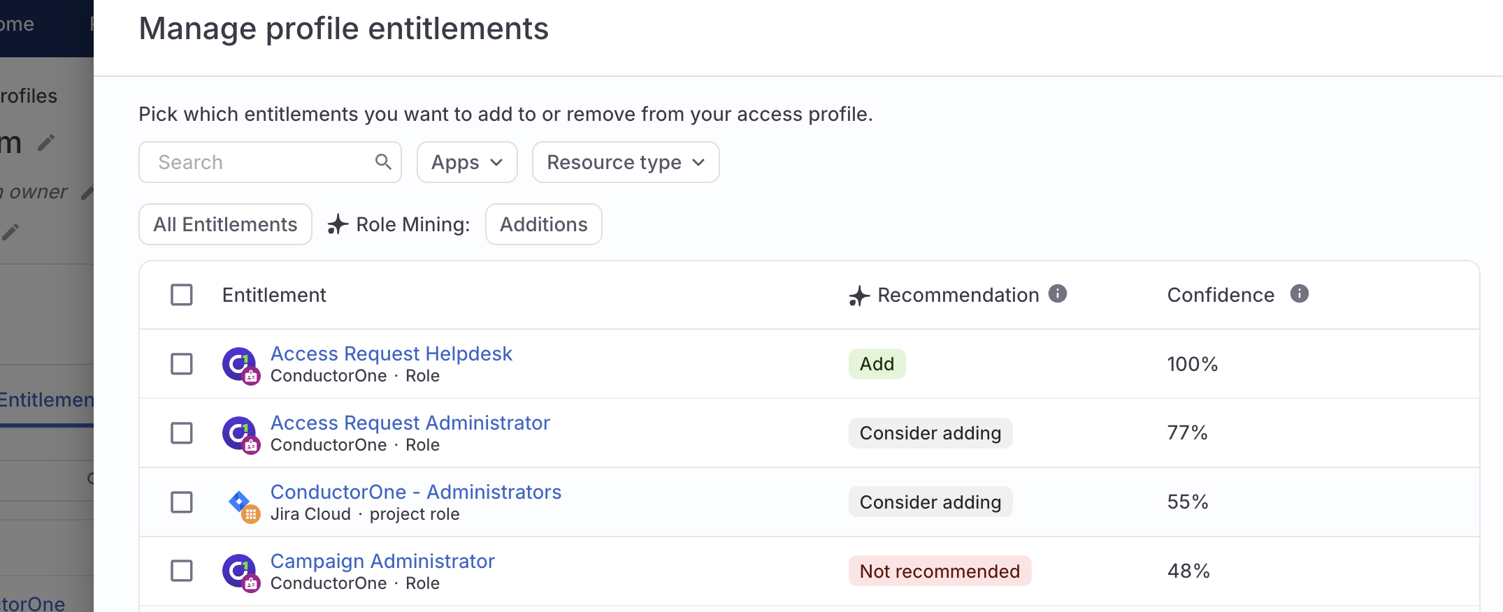 A screenshot of an access profile's manage entitlements drawer, showing entitlements tagged with a recommendation to add or consider adding to the profile.