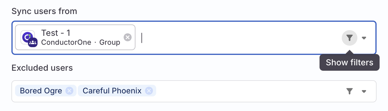 A screenshot of part of the membership automation editing drawer on an access profile, showing the new filters icon on the sync users from and excluded users fields.