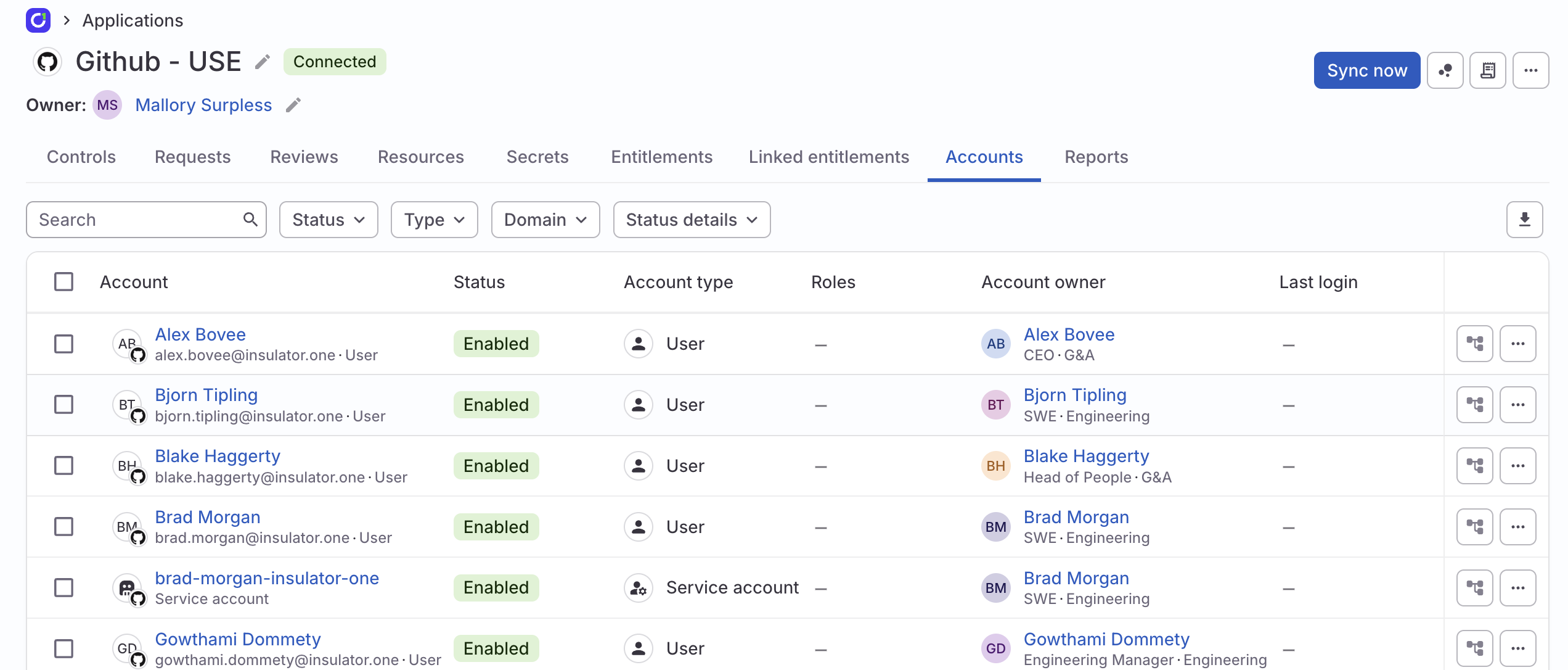A screenshot of a Slack application's Accounts tab in ConductorOne.