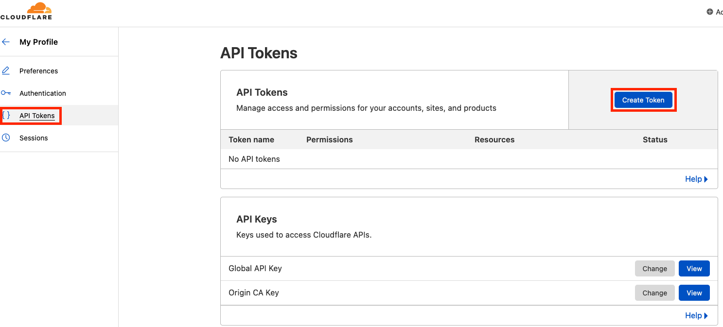 Detail view of the Cloudflare API Tokens page, with the Create Token button highlighted.
