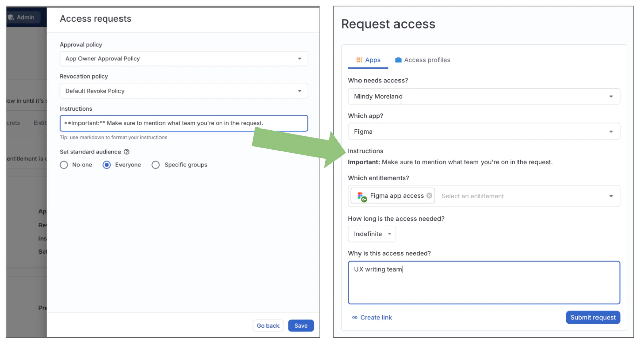 Two screenshots side by side, with the left one displaying the Instructions field on an app being filled out, and the right one showing those instructions on the Request access form.