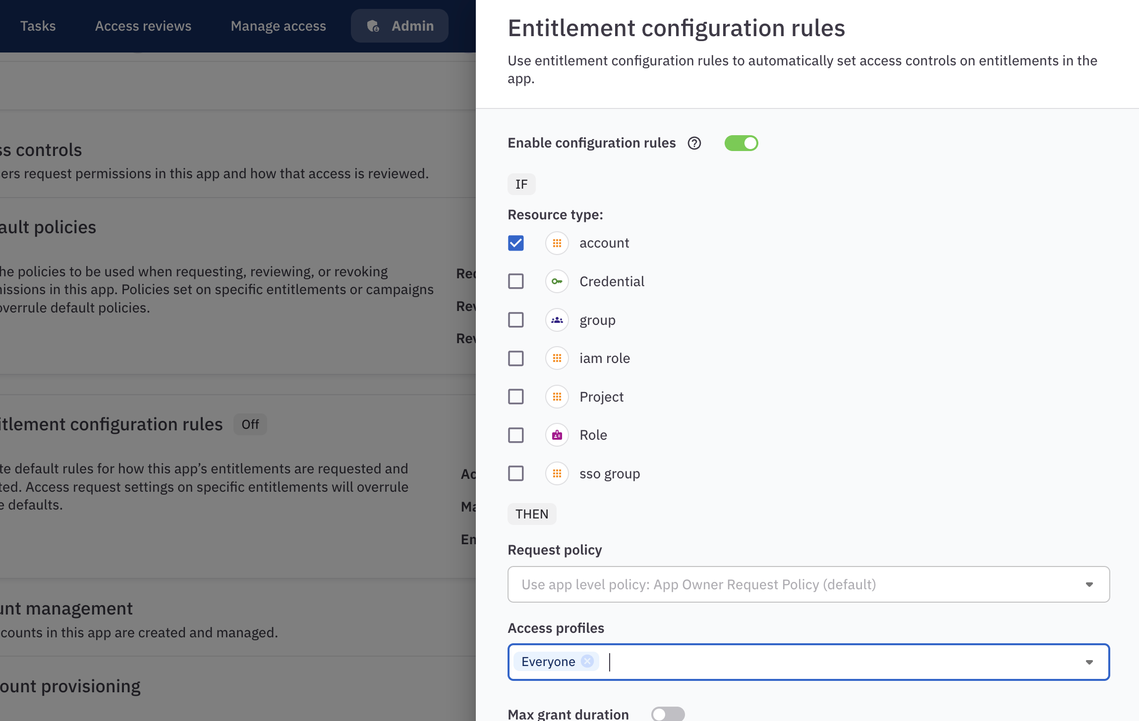 The access request configuration rules panel in C1 showing the form filled out as described in the instructions above.