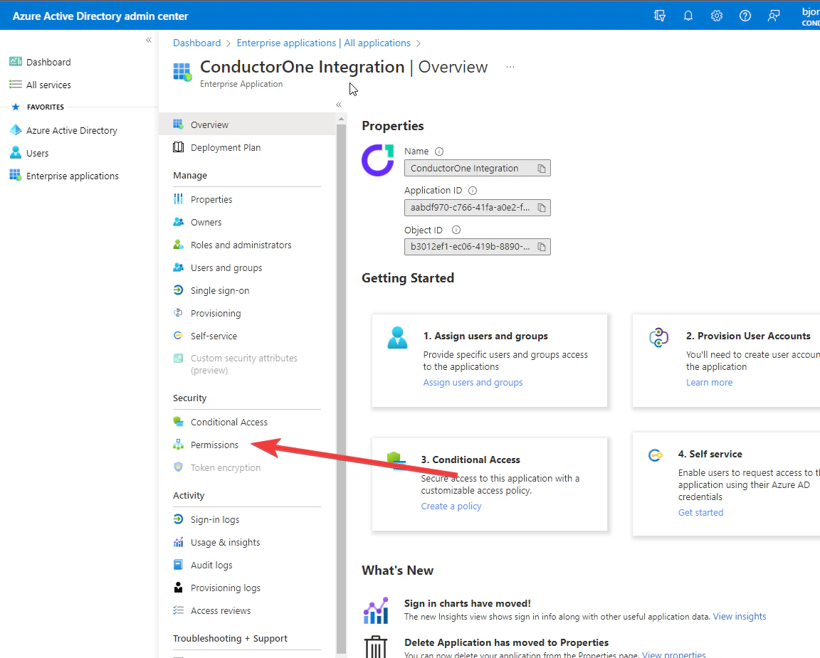 Detail view of the C1 Integration app, with the Permissions button highlighted.